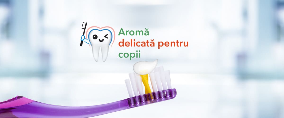 Periuță de dinți cu pastă și text Aromă delicată pentru copii