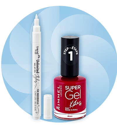 Lac de unghii roșu și creion alb pentru unghii pe fundal albastru