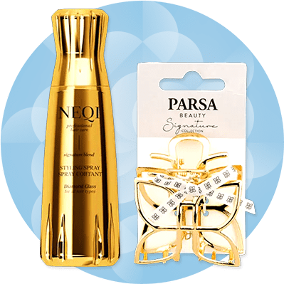 Ein NEQI Haaröl und eine Haarklammer von PARSA Beauty auf blauen Hintergrund