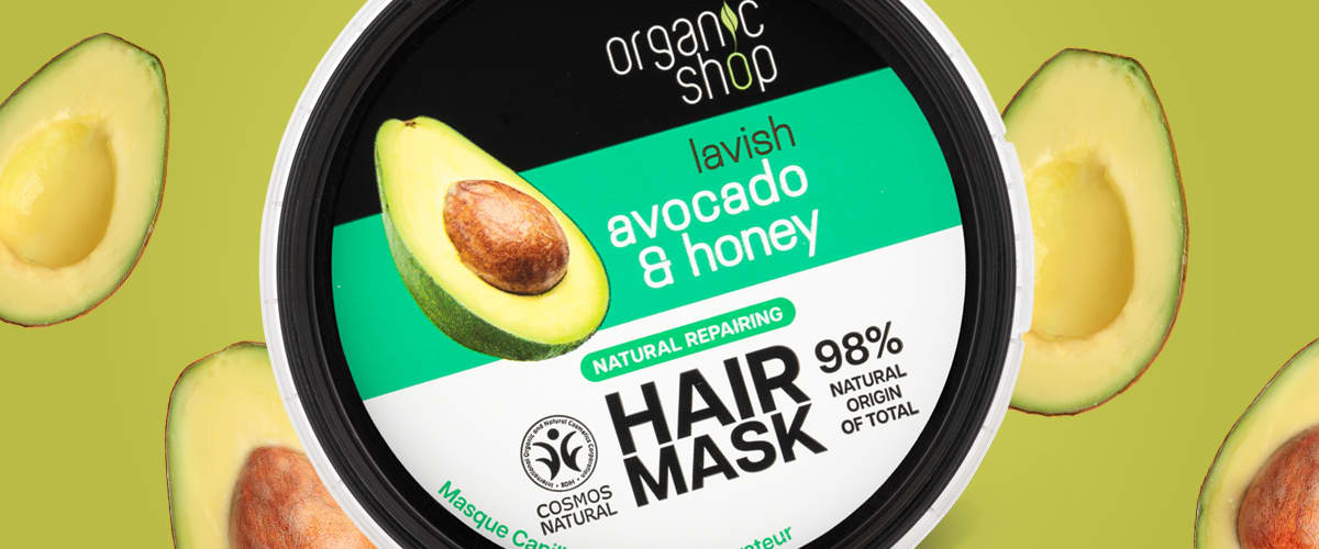 Ambalajul unei măști de păr cu avocado și miere.
