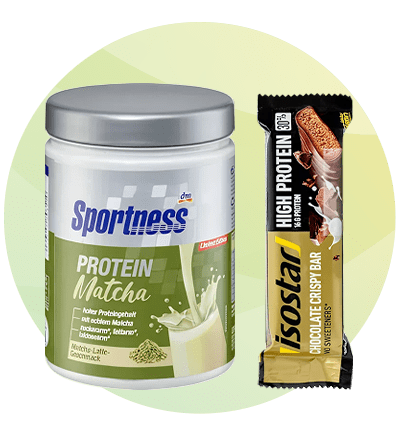 Protein Matcha pulbere proteică și baton Isostar High Protein ciocolată crocantă