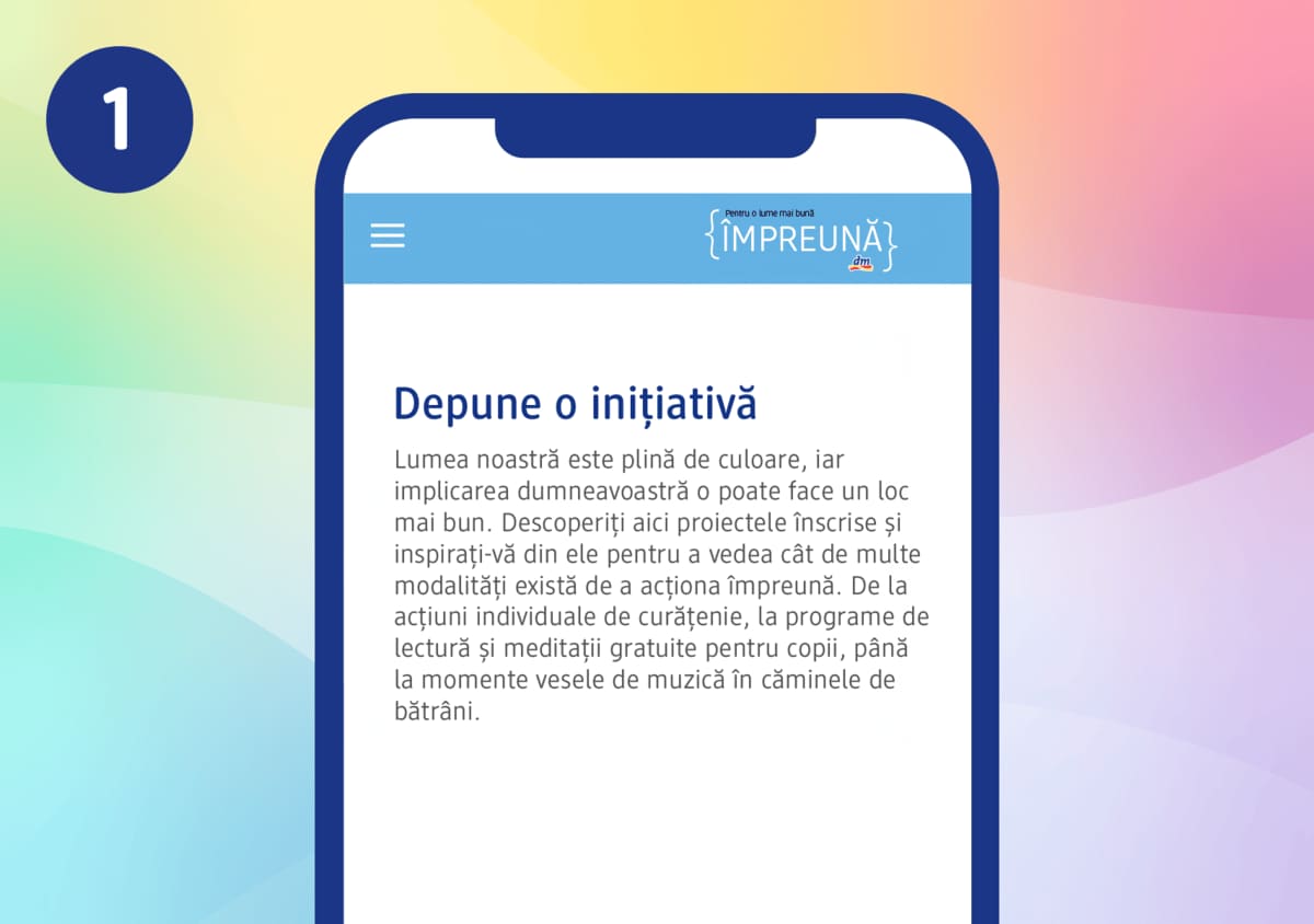 Ecran telefon cu text despre inițiativă și implicare comunitară