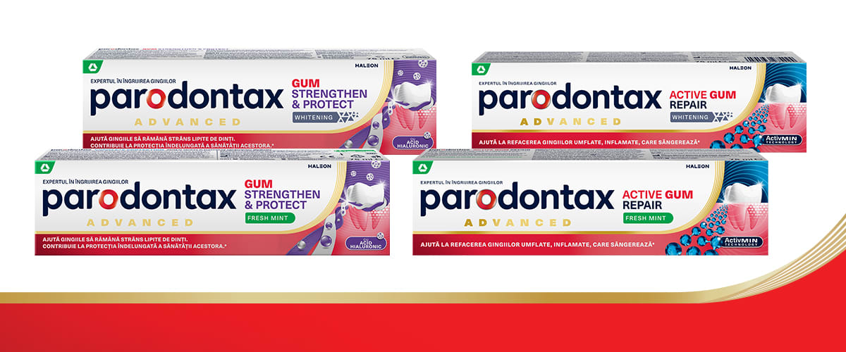 Pastă de dinți Parodontax Advance și Parodontax Gum Strengthen & Protect în ambalaje albe și roșu verde