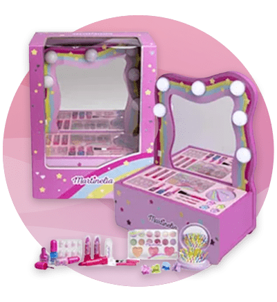 Set machiaj roz cu oglindă iluminată și truse de farduri în cutie compactă