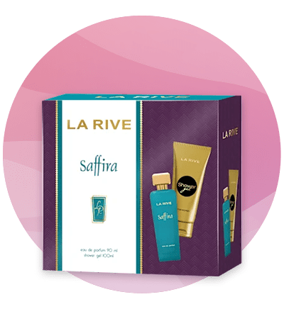 Set parfum La Rive Saffira cu sticlă albastră și cremă corporală aurie în cutie cadou violet