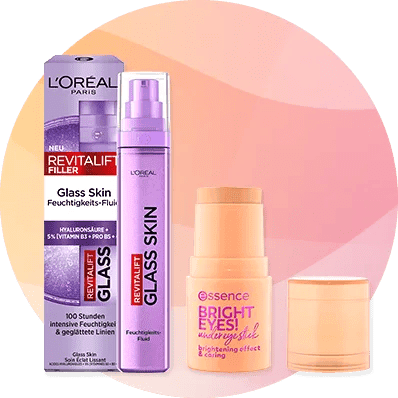 Produse cosmetice L'Oréal Revitalift Glass Skin și Essence Bright Eyes pe fundal roz pal