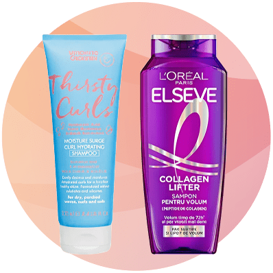 Două produse de îngrijire păr unul albastru pentru bucle Thirsty Curls și unul mov L'Oréal Elseve Collagen Lifter pentru volum