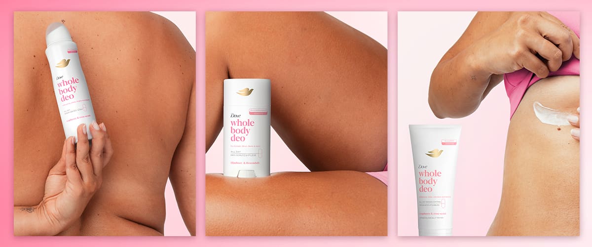 Colaj cu trei imagini: deodorant spray pe spate, stick deodorant pe braț, cremă deodorant aplicată pe abdomen