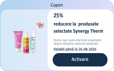 Cupon 25% reducere la produsele selectate Synergy Therm cu trei produse afișate Activare până 26.08.2026