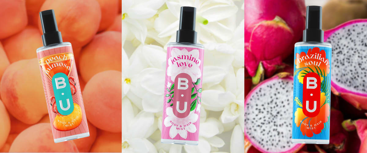 Colaj produse: spray parfumat cu aromă de piersică, spray parfumat cu aromă de iasomie, spray parfumat cu aromă de fructul pasiunii