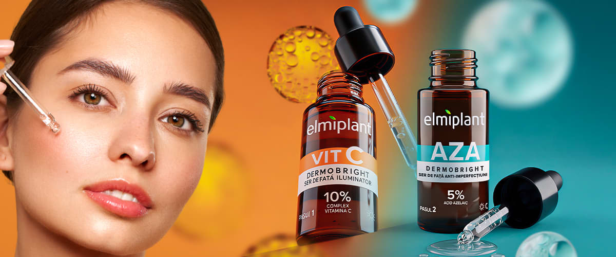 Ser cu vitamină pentru ten aplicat pe obraz lângă două sticle de ser cosmetic
. Imagine creată cu ajutorul inteligenței artificiale
