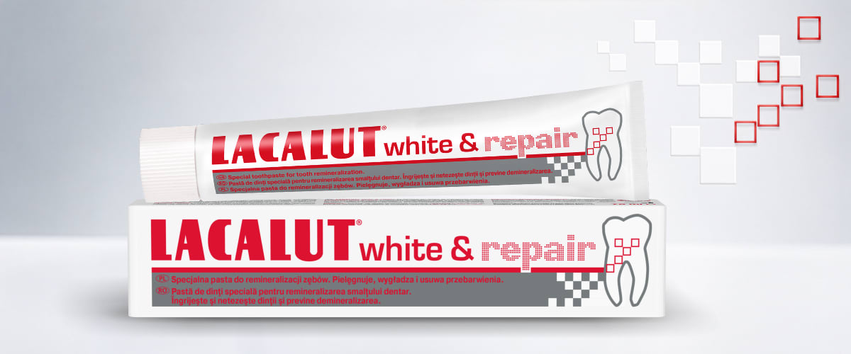 Pasta de dinți Lacalut white & repair pe tub și cutie pe fundal alb. Imagine creată cu ajutorul inteligenței artificiale