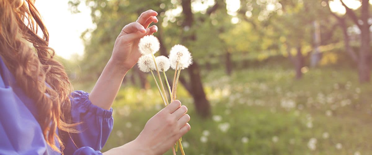 Frau mit Löwenzahn in der Hand