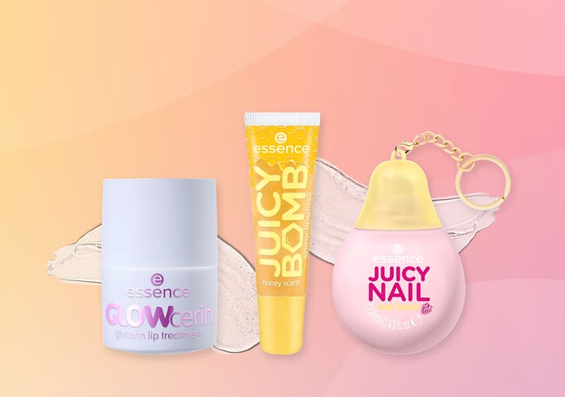 Produse cosmetice essence Juicy Bomb balsam buze Glowcerin tratament și Juicy Nail breloc roz