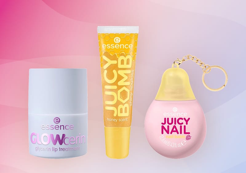 Produse cosmetice essence Juicy Bomb balsam buze Glowcerin tratament și Juicy Nail breloc roz