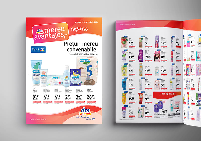 Catalog dm deschis cu pagini de produse cosmetice și igienă cu prețuri și oferte