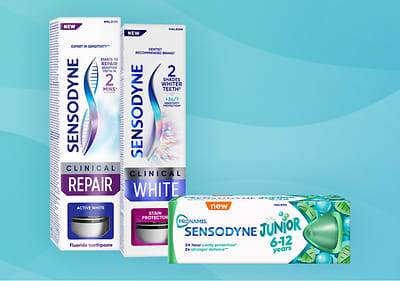 Produse Sensodyne: pastă de dinți Clinical Repair, Clinical White și Junior 6-12 ani