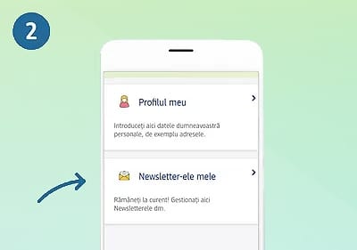 Ecran telefon cu secțiuni Profilul meu și Newsletter-ele mele