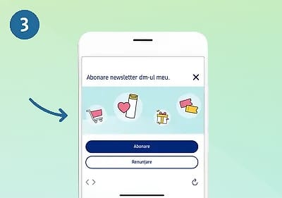 Ecran telefon cu opțiuni abonare newsletter și iconițe colorate