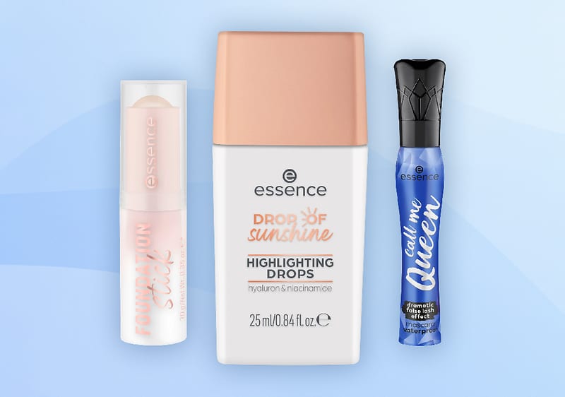 Produse cosmetice Essence: fond de ten stick, picături iluminatoare, rimel albastru