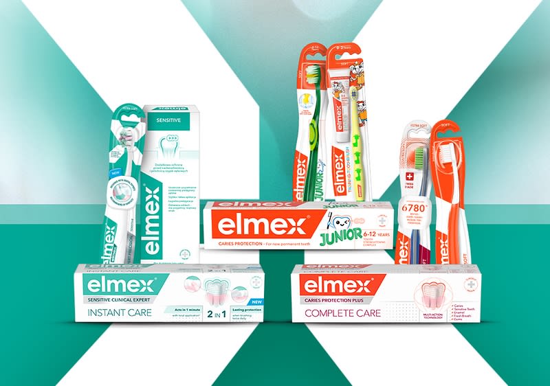 Diverse produse Elmex, inclusiv paste de dinți și periuțe