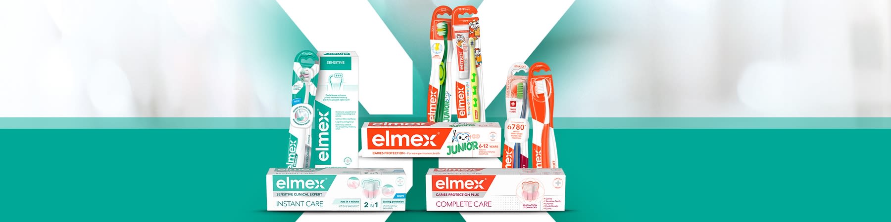 Diverse produse Elmex, inclusiv paste de dinți și periuțe