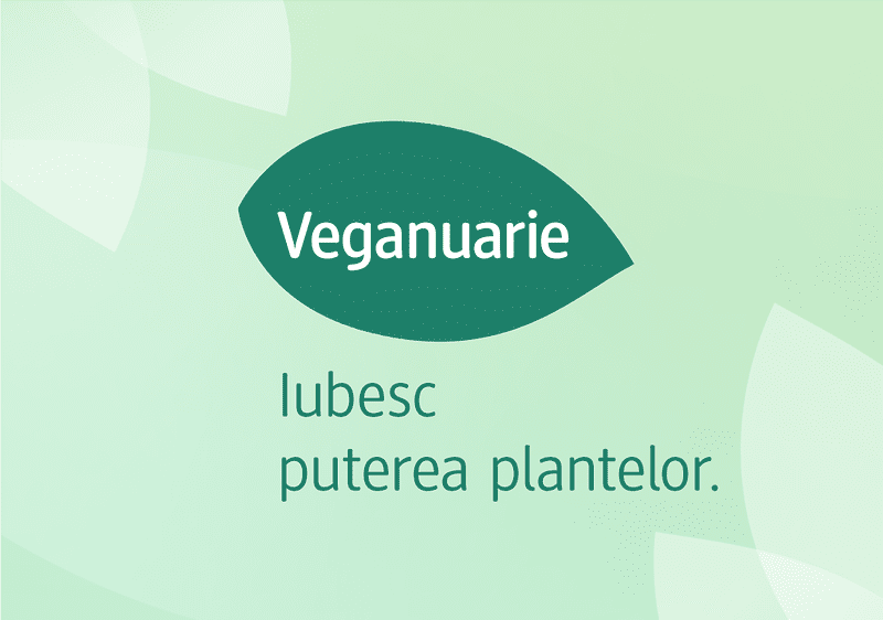 Logo Veganuary cu textul Iubesc puterea plantelor pe fundal verde.