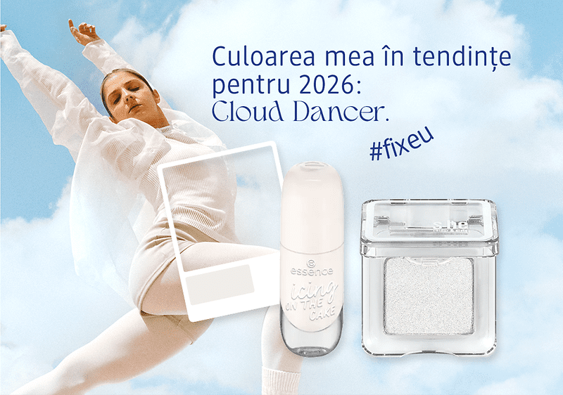 Imagine cu produse cosmetice și o persoană sărind. Textul menționează culoarea Cloud Dancer pentru 2026.