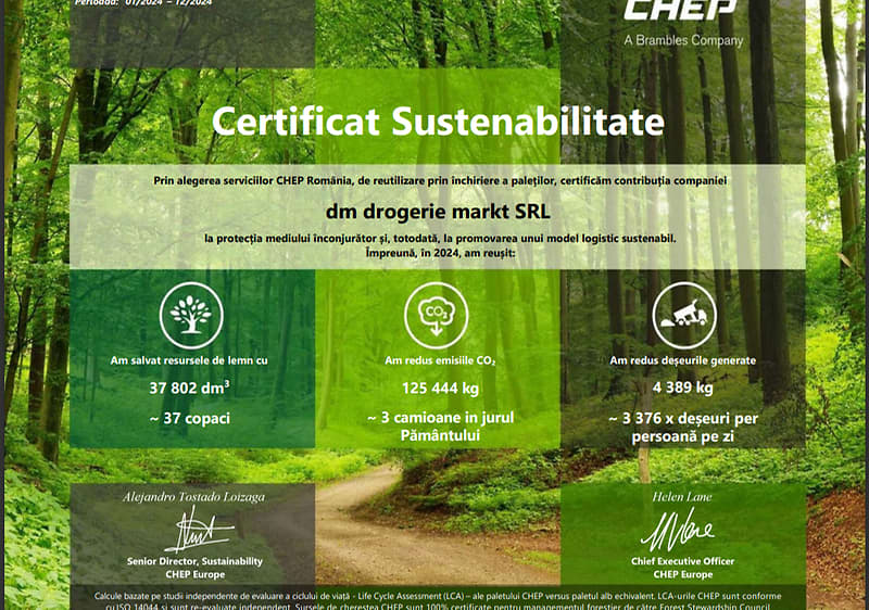 Certificat Sustenabilitate pentru dm drogerie markt SRL cu imagini de natură și simboluri ecologice