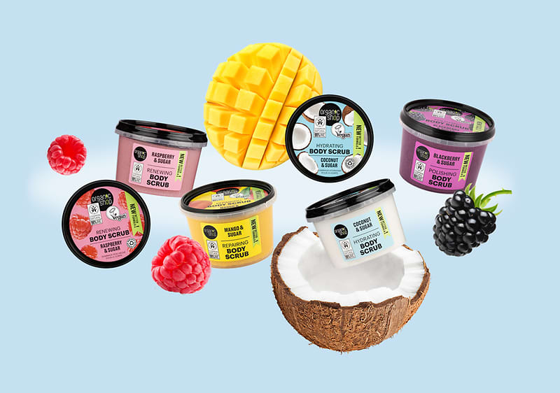 Scrub de corp cu zmeură, mango, nucă de cocos și mure