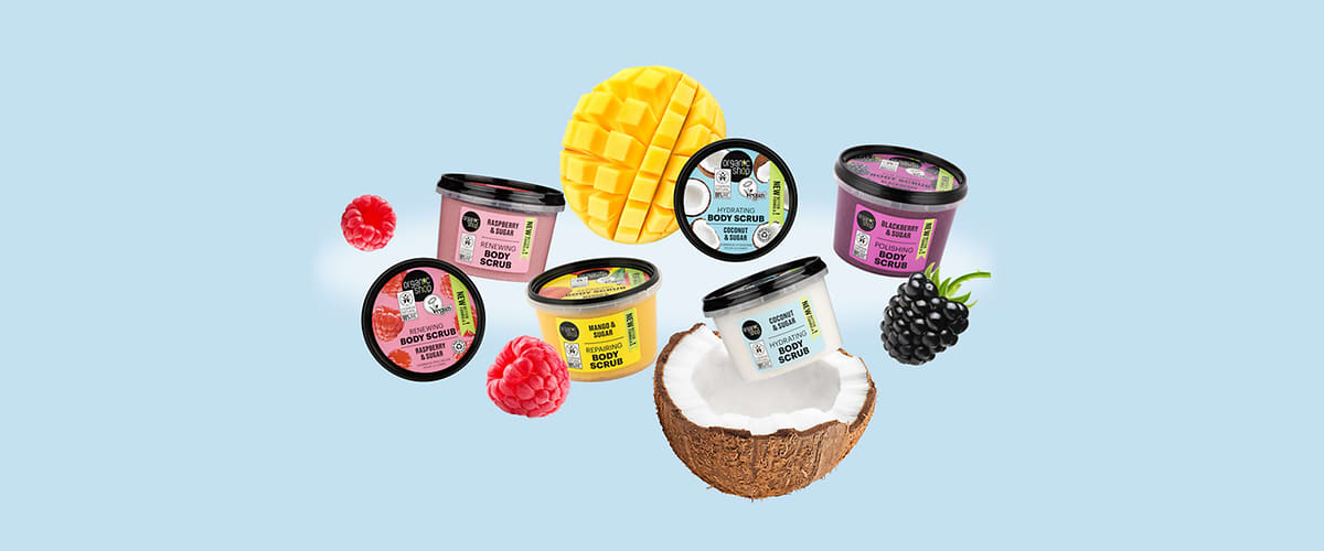 Scrub de corp cu zmeură, mango, nucă de cocos și mure