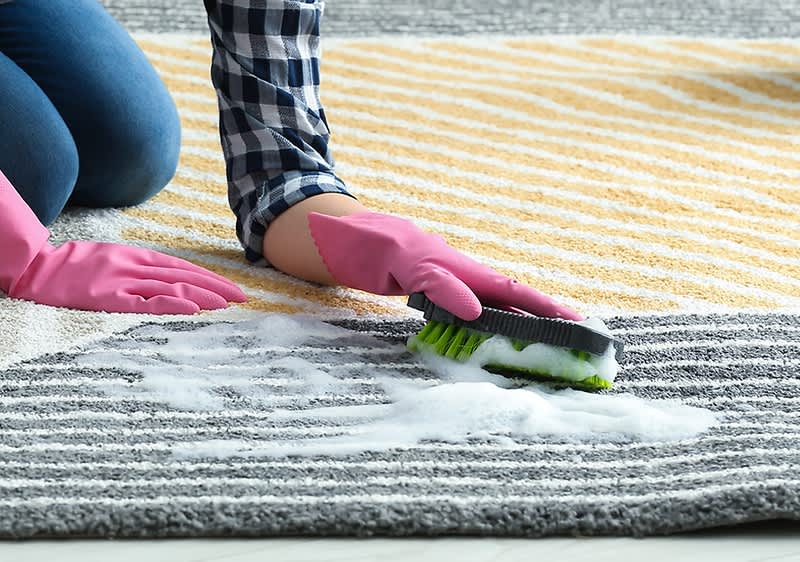 Curățare covor cu perie și detergent spumant