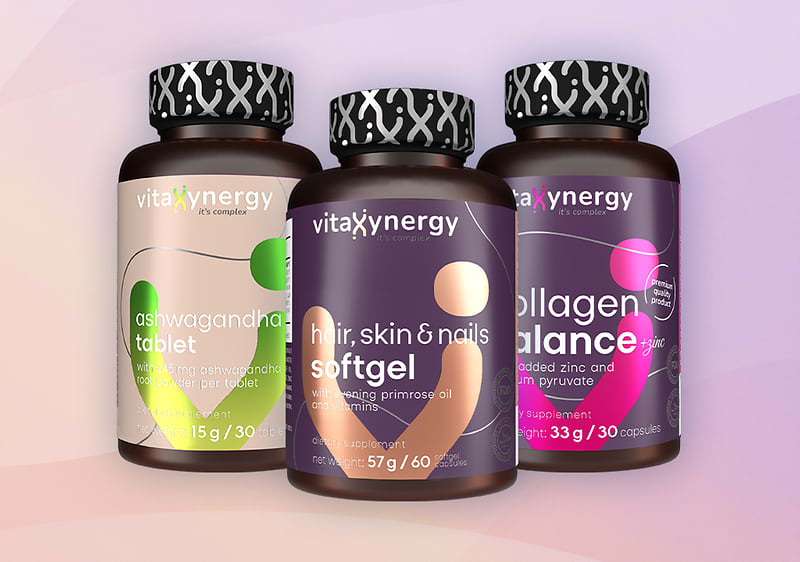 Suplimente Vitaxynergy pentru ashwagandha, păr piele unghii și echilibru colagen