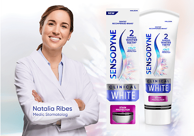 Pastă de dinți Sensodyne Clinical White și medic stomatolog Natalia Ribes