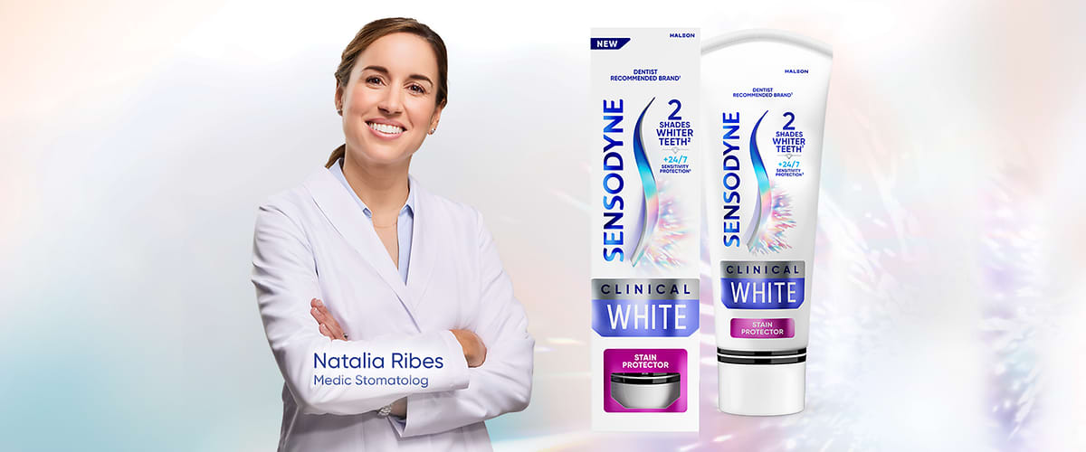 Pastă de dinți Sensodyne Clinical White și medic stomatolog Natalia Ribes