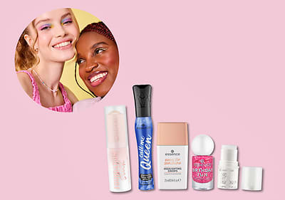 Produse cosmetice Essence pe fundal roz