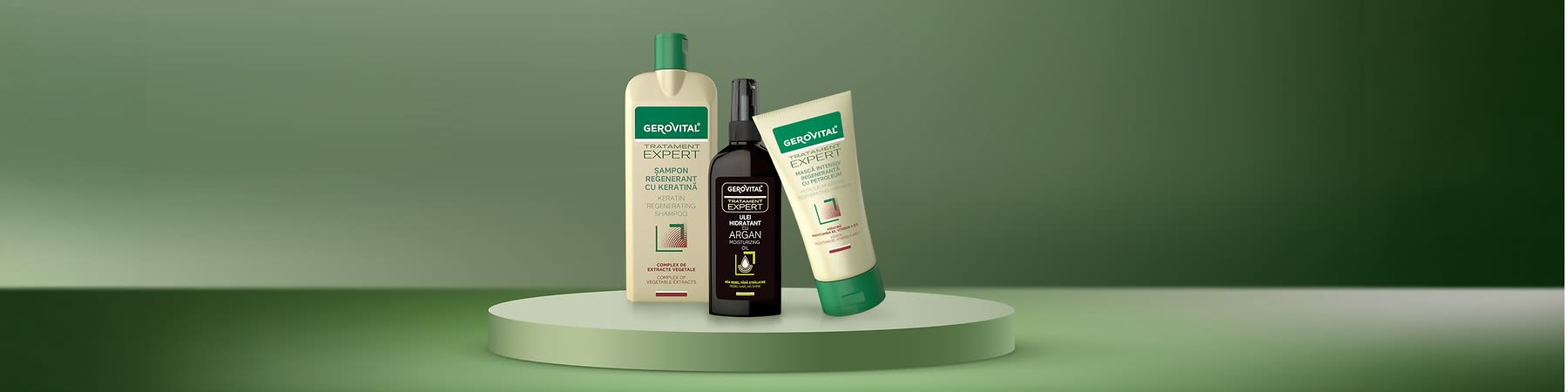 Produse Gerovital Tratament Expert pe fundal verde: șampon regenerant, ulei hidratant argan și mască regenerantă