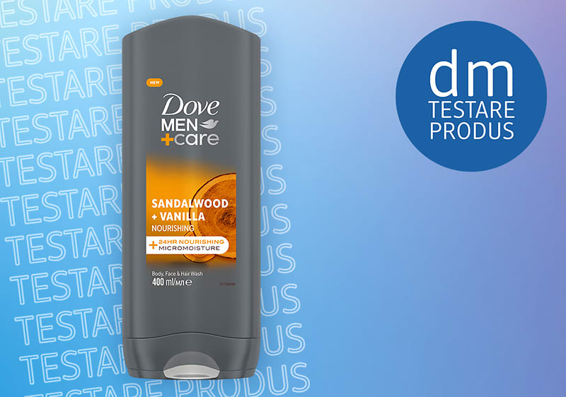 Gel de duș Dove Men+Care Sandalwood Vanilla pe fundal albastru