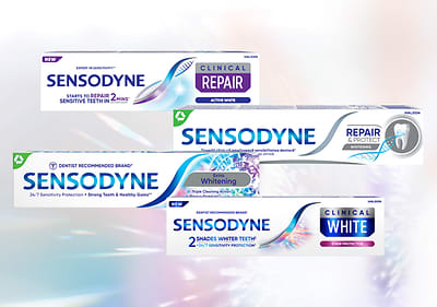 Colaj de patru paste de dinți Sensodyne pentru reparare și albire