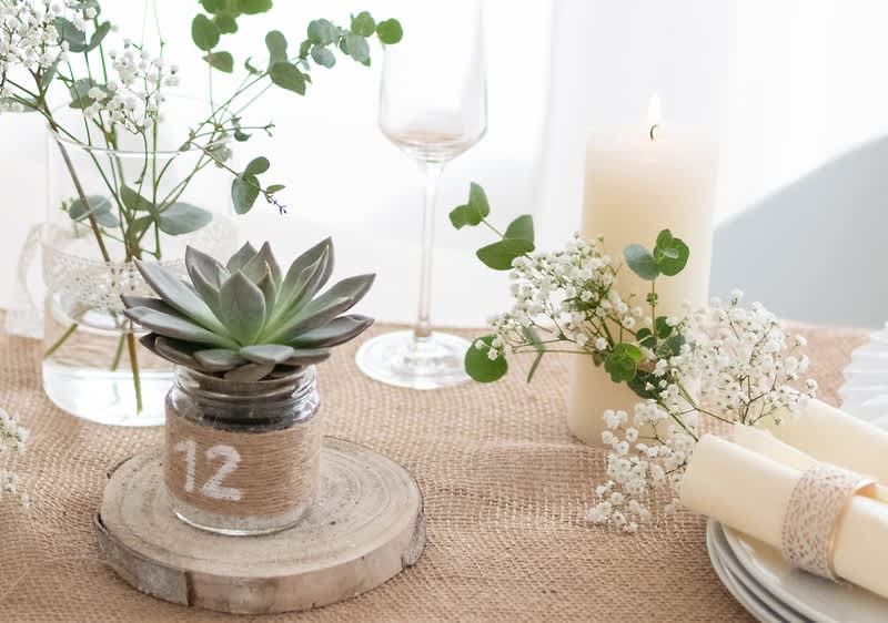 Decor de masă rustic cu plantă suculentă, lumânare, flori albe și pahar de vin