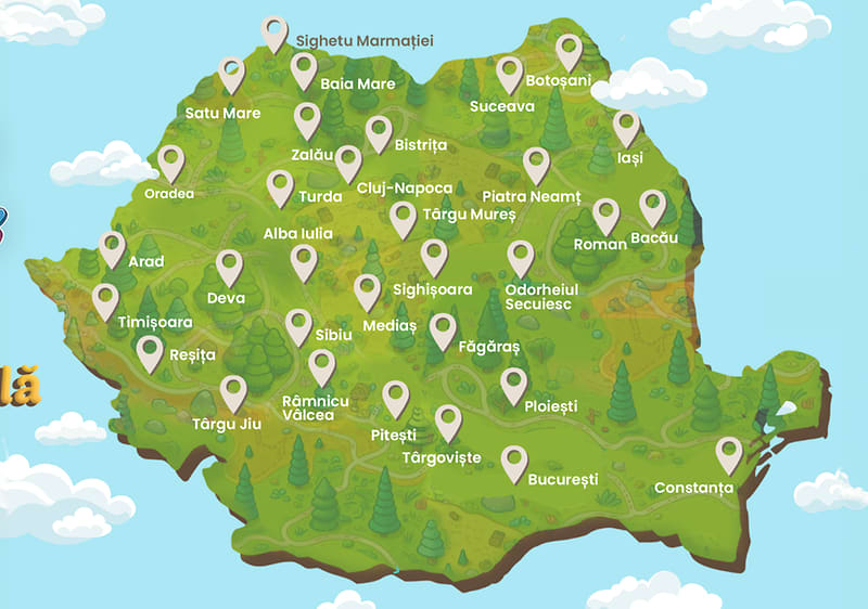 Hartă România cu orașe marcate pentru evenimentul Zilele Prieteniei
