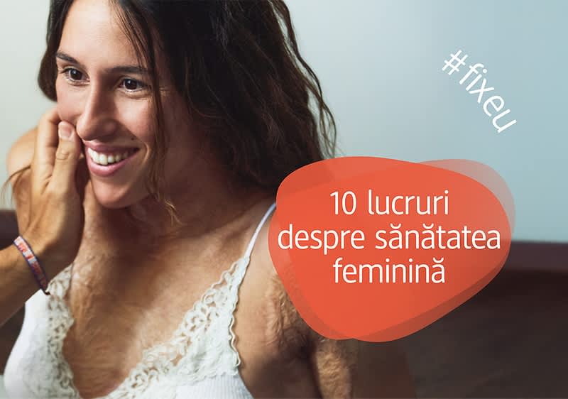 Femeie cu păr pe corp și text despre sănătatea feminină