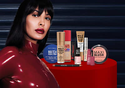 Cuvântul cheie principal: cosmetice Imagine: Produse cosmetice Rimmel pe o masă roșie