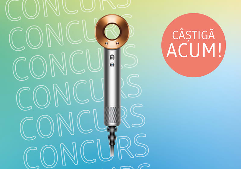 Uscător de păr Dyson pe fundal colorat cu text concurs și câștigă acum