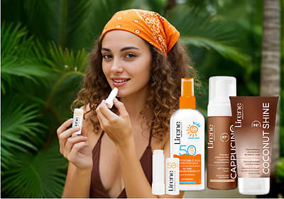 Produse cosmetice Lirene în fața unei femei cu bandană portocalie și fundal de vegetație tropicală