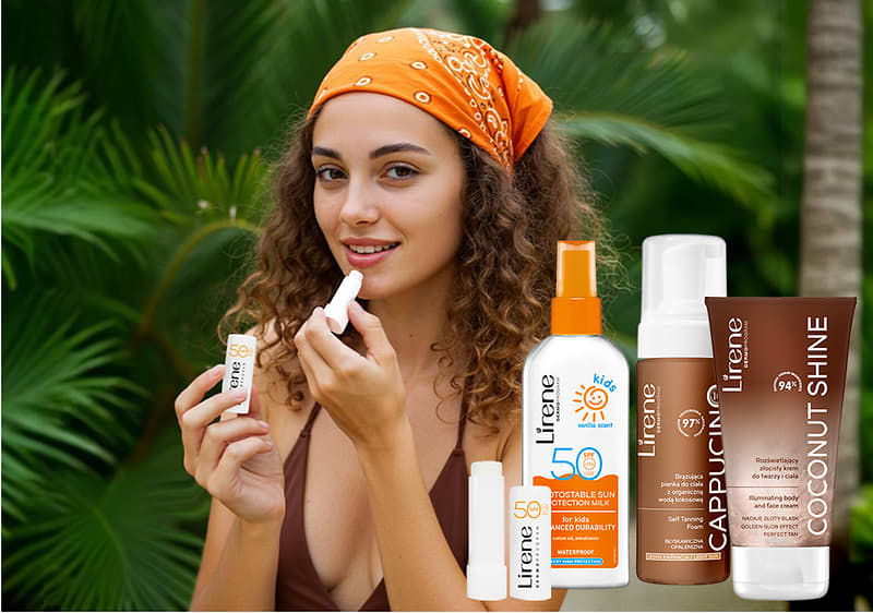 Produse cosmetice Lirene în fața unei femei cu bandană portocalie și fundal de vegetație tropicală