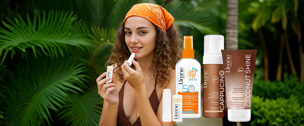 Produse cosmetice Lirene în fața unei femei cu bandană portocalie și fundal de vegetație tropicală