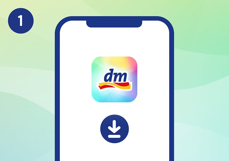 Ecran de telefon cu logo-ul aplicației DM și simbol de descărcare. Rezultat: Aplicație mobilă DM pe ecran de telefon cu simbol de descărcare
