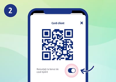 QR code pe ecranul unui telefon cu opțiunea de renunțare la bonul de casă tipărit