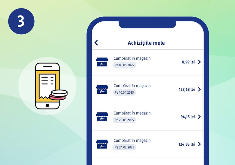 Achiziții în magazin afișate pe ecranul unui telefon mobil cu prețuri în lei